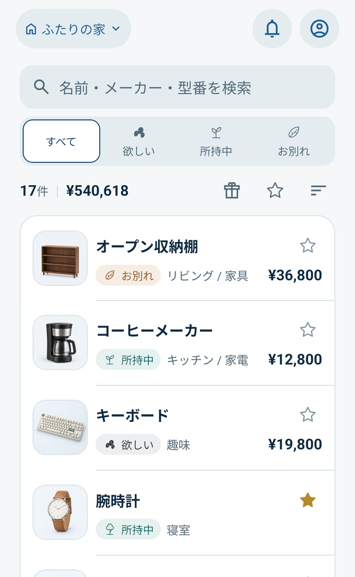 欲しい・所持中・お別れの状態や場所、金額を一覧できるMonogooのアイテム画面