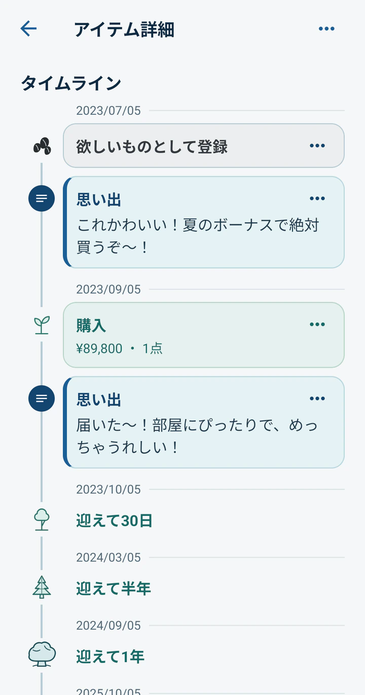 2人掛けソファを欲しいと思った日から、購入、迎えてからの節目までを、ひとつの記録として振り返れるMonogooのタイムライン画面